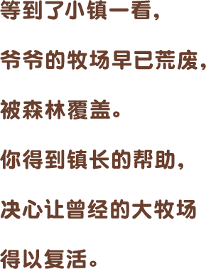 等到了小镇一看,爷爷的牧场早已荒废,被森林覆盖。你得到镇长的帮助,决心让曾经的大牧场得以复活。