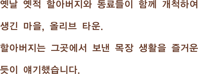 옛날 옛적 할아버지와 동료들이 함께 개척하여 생긴 마을, 올리브 타운.할아버지는 그곳에서 보낸 목장 생활을 즐거운 듯이 얘기했습니다.