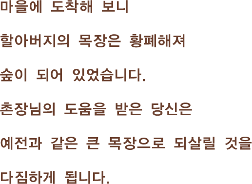 마을에 도착해 보니 할아버지의 목장은 황폐해져 숲이 되어 있었습니다.촌장님의 도움을 받은 당신은 예전과 같은 큰 목장으로 되살릴 것을 다짐하게 됩니다.