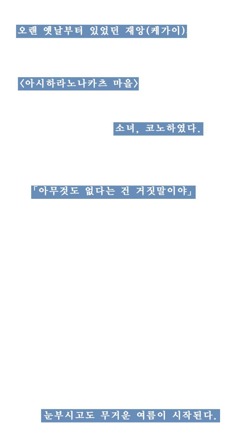 인류의 희망이 산산조각난지 8개월...오랜 옛날부터 있었던 재앙(케가이)으로 집과 가족을 잃은 주인공 니니는 외가 친척을 찾아 평온한 시골 마을 ＜아시하라노나카츠 마을＞에 오게 된다.그를 맞이한 것은 친척이라고 말하는 소녀, 코노하였다.이 곳에 사는 사람들은 입을 모아 이 마을에는 아무것도 없다고 말한다.「아무것도 없다는 건 거짓말이야」산, 바다, 낡은 집, 새로운 친구, 함께 사는 여자 아이, 중력.우주 정거장이 세계의 전부였던 니니에겐 모든 것이 신선했으나―.「포기해. 이 세상 어디에도 <케가이>가 나오지 않는 곳은 없어」신들의 원군이라고 말하는 여우 귀의 소녀. 하늘에는 신비하게 빛나는 수수께끼의 구체.일상과 비일상이 혼재하는 마을에서 니니의 눈부시고도 무거운 여름이 시작된다.