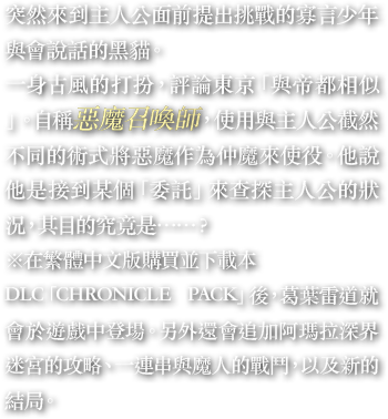 突然來到主人公面前提出挑戰的寡言少年與會說話的黑貓。一身古風的打扮，評論東京「與帝都相似」。自稱惡魔召喚師，使用與主人公截然不同的術式將惡魔作為仲魔來使役。他說他是接到某個「委託」來查探主人公的狀況，其目的究竟是……？※在繁體中文版購買並下載本DLC「CHRONICLE PACK」後，葛葉雷道就會於遊戲中登場。另外還會追加阿瑪拉深界迷宮的攻略、一連串與魔人的戰鬥，以及新的結局。