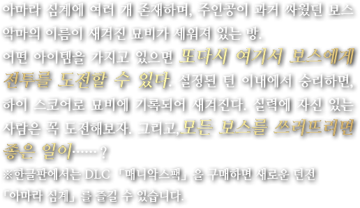 아마라 심계에 여러개 존재하며, 주인공이 과거 싸웠던 보스 악마의 이름이 세겨진 묘비가 세워져 있는 방. 어떤 아이템을 가지고 있으면 또다시 여기서 보스에게 전투를 도전할 수 있다. 설정된 턴 이내에서 승리하면, 하이 스코어로 묘비에 기록되어 세겨진다. 실력에 자신 있는 사람은 꼭 도전해보자. 그리고,모든 보스를 쓰러뜨리면 좋은 일이……？