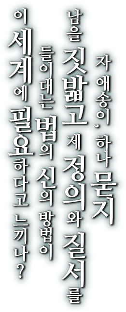 자 애송이, 하나 묻지 남을 짓밟고 제 정의와 질서를 들이대는 법의 신의 방법이 이 세계에 필요하다고 느끼나?