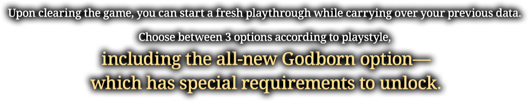 Upon clearing the game, you can start a fresh playthrough while carrying over your previous data. Choose between 3 options according to playstyle, including the all-new Godborn option—which has special requirements to unlock.