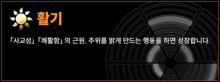 활기 「사교성」「쾌활함」의 근원. 주위를 밝게 만드는 행동을 하면 성장합니다.