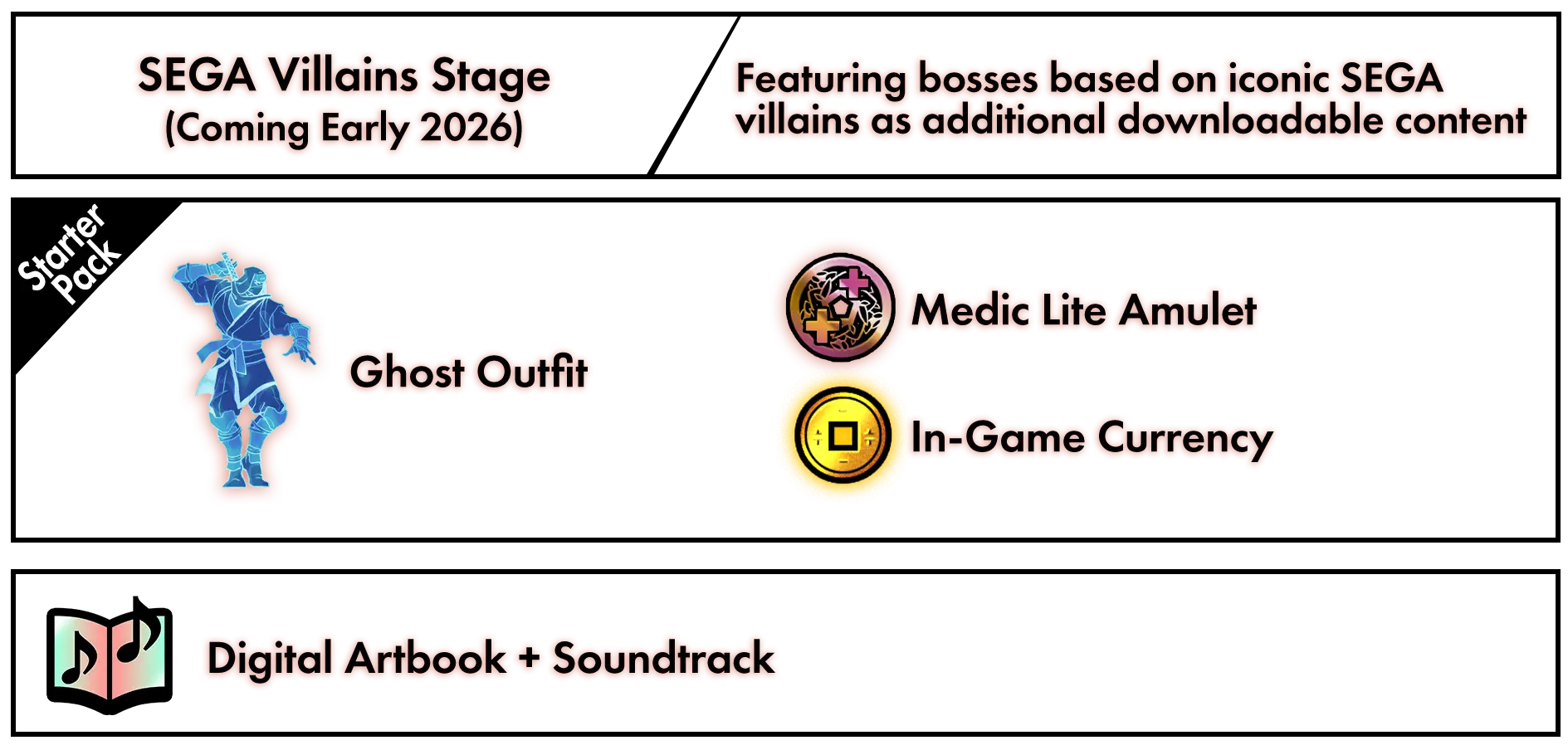 SEGA Villains Stage (Coming Early 2026) Starter Pack: the Ghost Outfit, the Medic Lite Amulet, and In-Game Currency Digital Artbook + Soundtrack