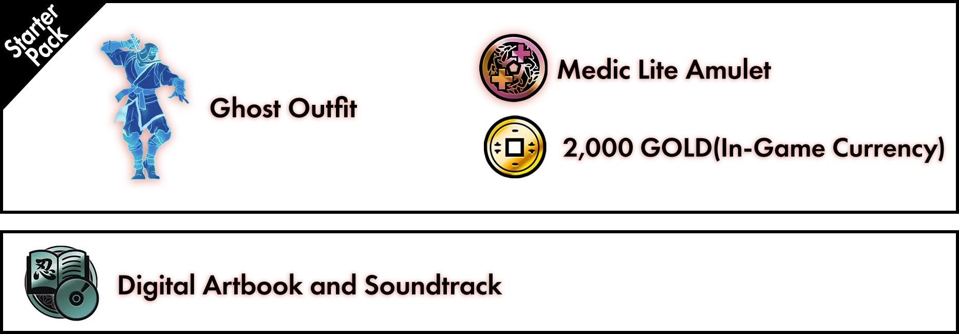  Starter Pack: the Ghost Outfit, the Medic Lite Amulet, and 2,000 GOLD(In-Game Currency) Digital Artbook and Soundtrack