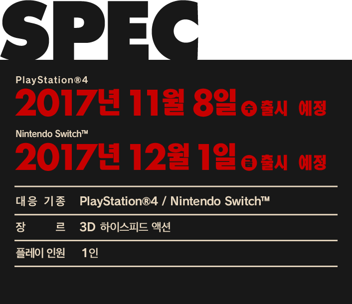 【대응 기종】Playstation4 / Nintendo Switch【플레이 인원】3D 하이스피드 액션【플레이 인원】1인