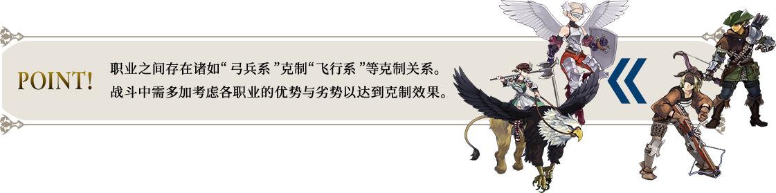 POINT! 职业之间存在诸如“弓兵系”克制“飞行系”等克制关系。战斗中需多加考虑各职业的优势与劣势以达到克制效果。