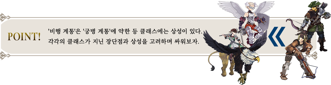 POINT! '비행 계통'은 '궁병 계통'에 약한 등 클래스에는 상성이 있다. 각각의 클래스가 지닌 장단점과 상성을 고려하며 싸워보자.