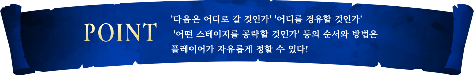 POINT '다음은 어디로 갈 것인가' '어디를 경유할 것인가' '어떤 스테이지를 공략할 것인가' 등의 순서와 방법은 플레이어가 자유롭게 정할 수 있다!